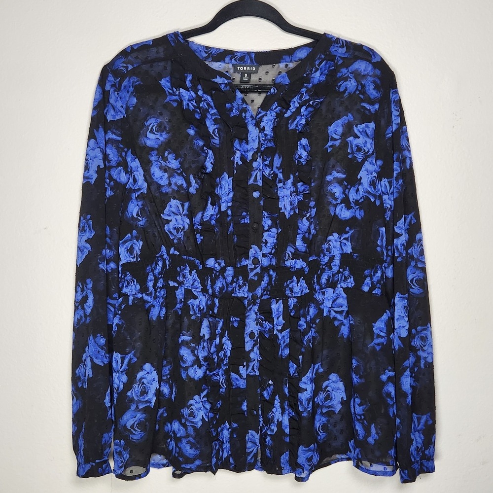 Torrid Womens Size 0 Blue Black Sheer Floral Ruffle Button Blouse Dark Romantic